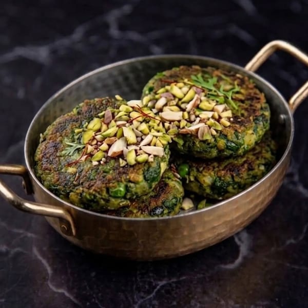 Green spinach and pea patties topped with chopped pistachios and almonds in a bronze bowl.