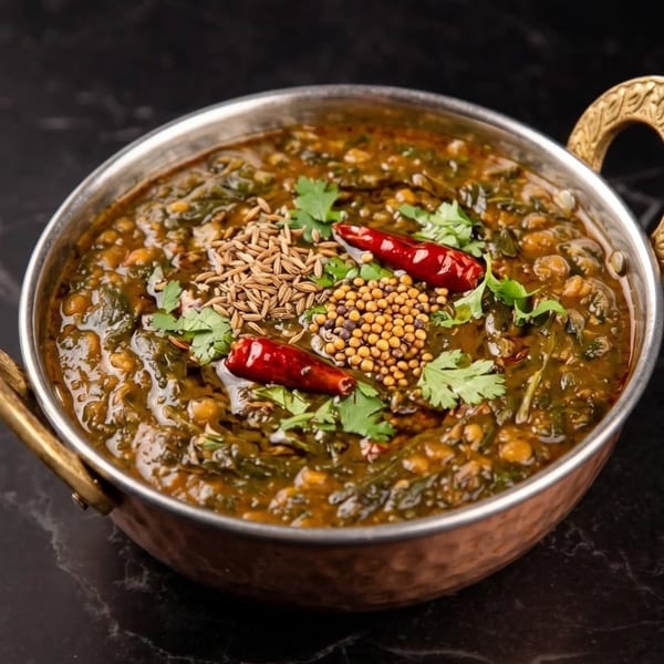 A copper bowl of Indian dal with spinach, garnished with cumin seeds, mustard seeds, and red chilies.