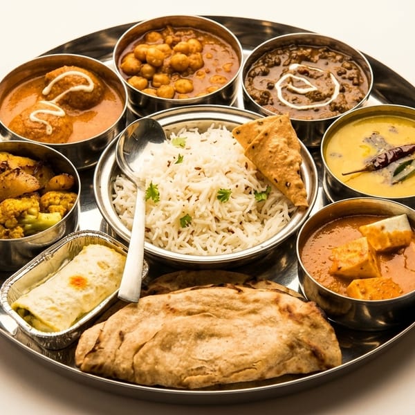A traditional Indian thali with rice, various curries, roti, and a samosa on a silver platter.