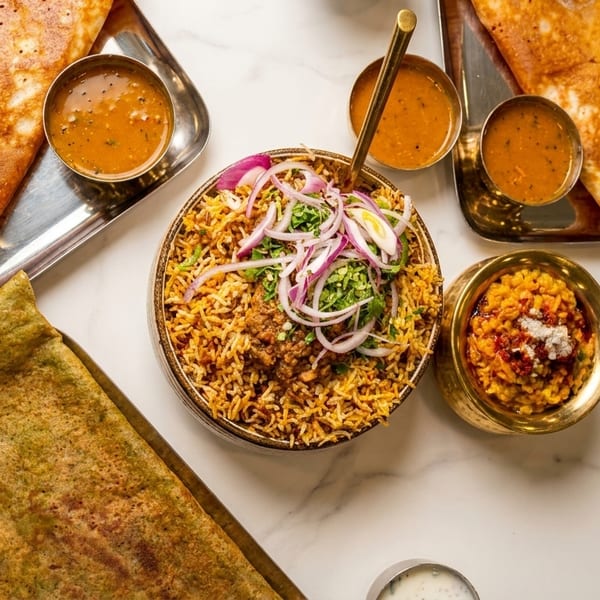 Assortment of Indian dishes including dosas, biryani, and curries on a white marble table.
