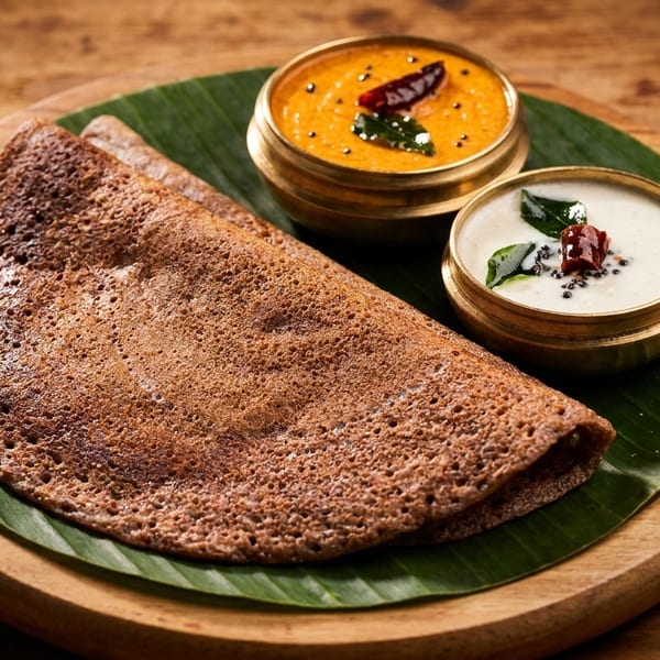 Brown dosa on a banana leaf with two chutneys in brass bowls on a wooden board.