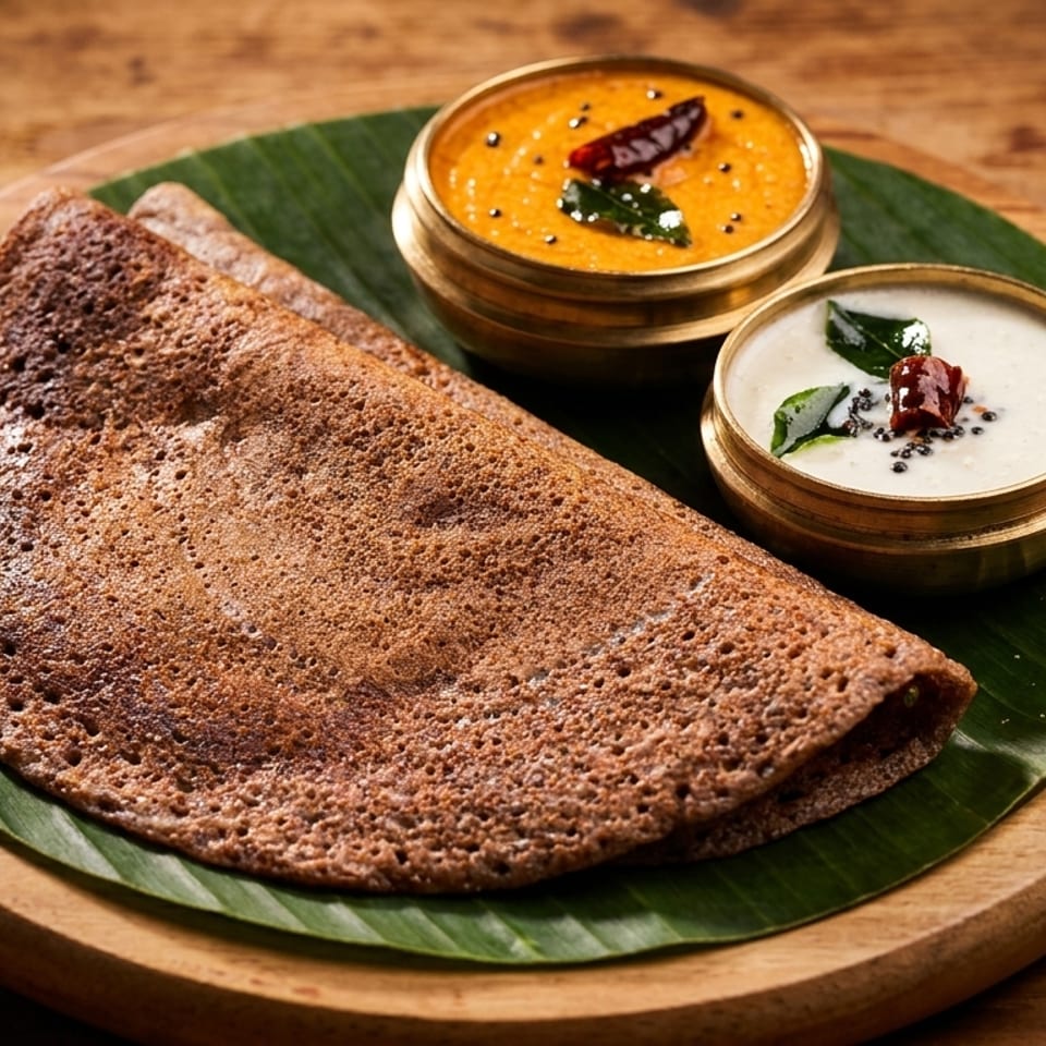 Brown dosa on a banana leaf with two chutneys in brass bowls on a wooden board.