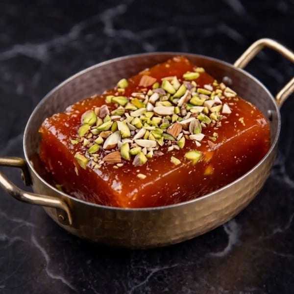 A rectangular orange dessert topped with chopped pistachios and almonds in a brass bowl.
