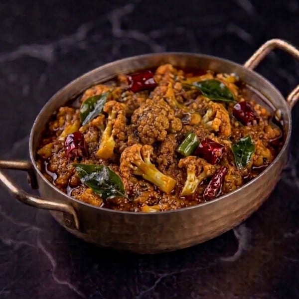 Spicy cauliflower curry with green leaves and red chilies in a bronze bowl on a dark marble surface.