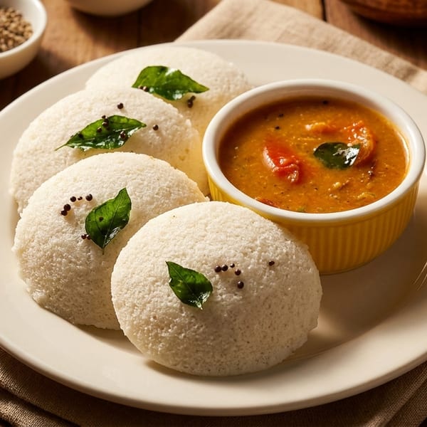 Fluffy white idlis garnished with curry leaves, served with a side of sambar on a plate.