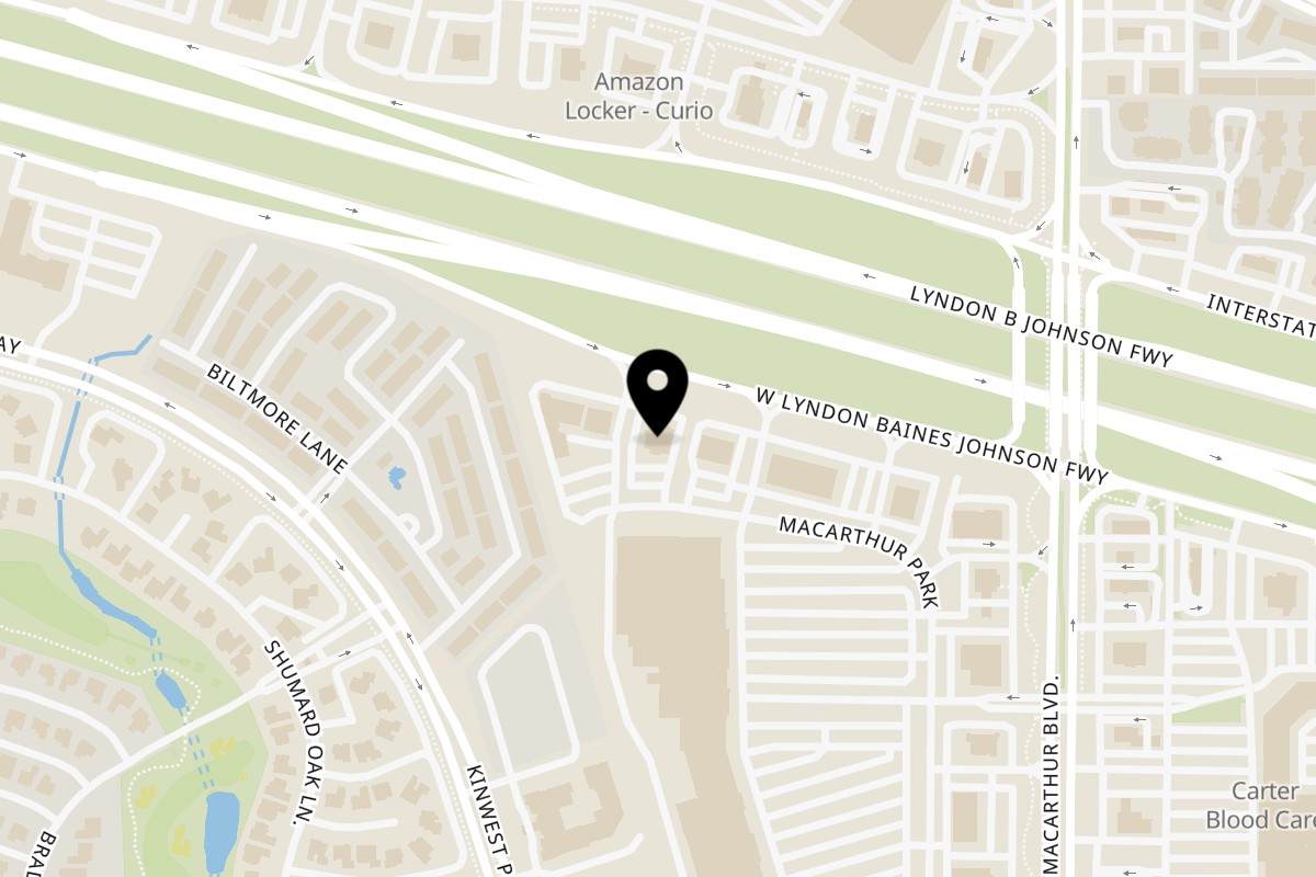 Map showing the location of Simply South Irving on 1001 MacArthur Park Dr in Irving